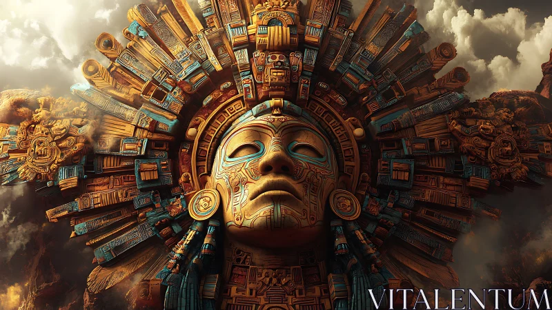 Mythic Mesoamerican cyber-deity mask with intricate glyph halo