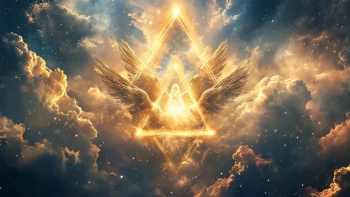 Celestial wings cradle a blazing triangle of luminous divinity