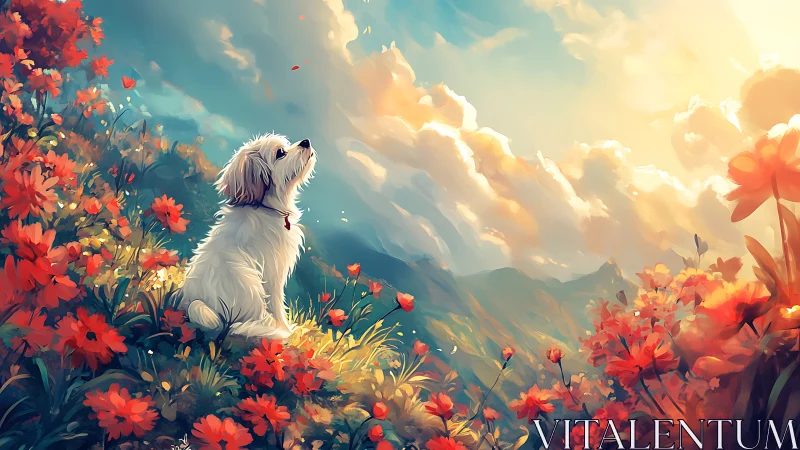 Small white dog in sunlit wildflower meadow under glowing sky