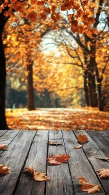 Autumn leaves rest on rustic wooden deck before blurred forest