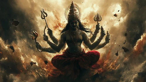 Storm crowned goddess in blazing cosmic battle trance.