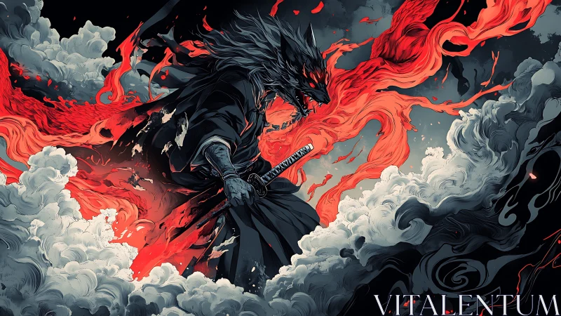 Lycanthrope swordsman in infernal smoke with red energy trails