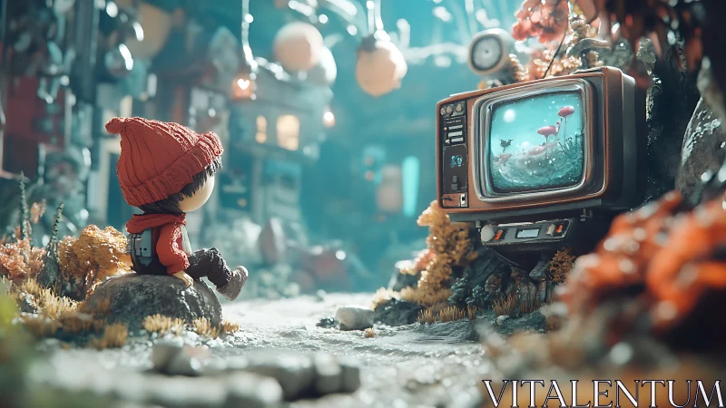 Child watching retro TV in whimsical miniature alleyway scene