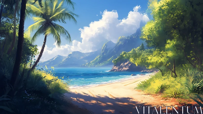 Tropical Coastal Vista With Luminous Sky Rendering, Volumetric Atmosphere, Dense Vegetation