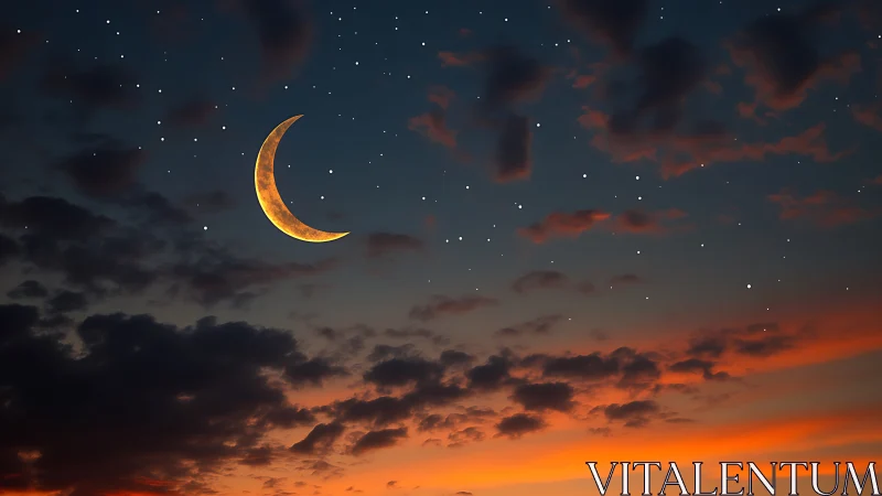 Crescent moon over vivid orange dusk cloud horizon.