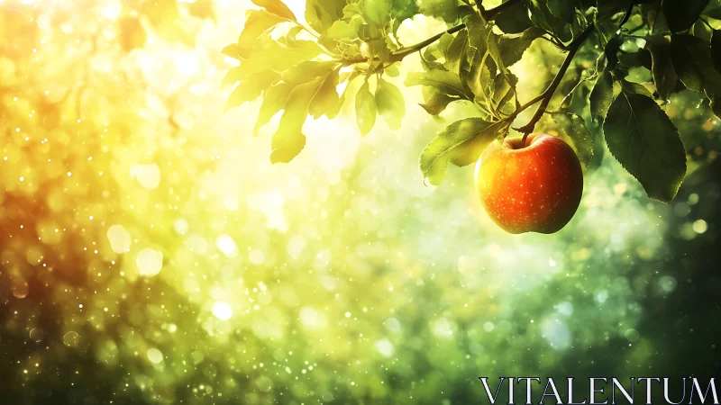 Sunlit apple hanging from leafy tree branch at golden hour.