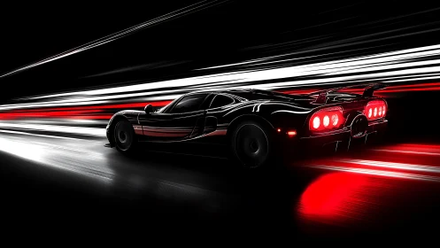 Midnight hypercar profile with dynamic red light trails.