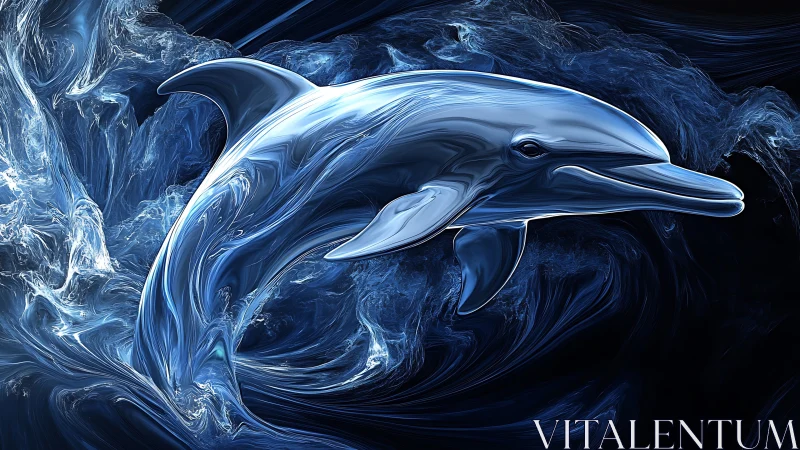 Dolphin rendered in glossy blue liquid-like digital strokes