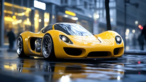 Yellow hypercar rests on wet urban street in photoreal detail