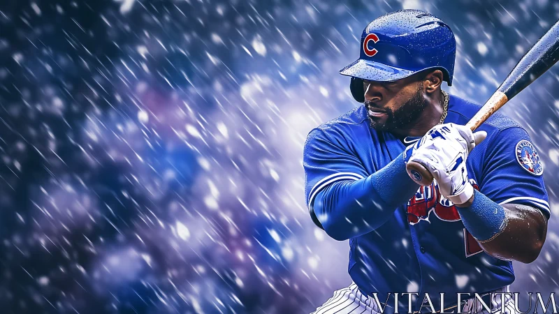 Photorealistic batter portrait with dynamic snow streak overlay.