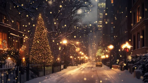 Snow covered city street with illuminated Christmas tree scene.