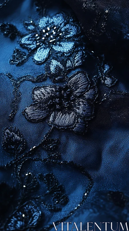 Midnight blue floral embroidery shimmers on sheer fabric.