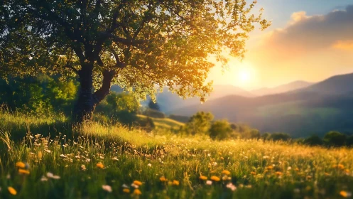 Golden meadow sunset beneath a quiet, sheltering tree.