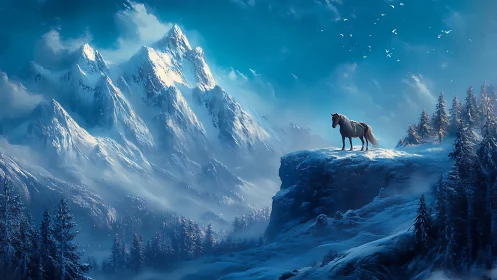 Horse on snowy cliff facing distant alpine mountain range.