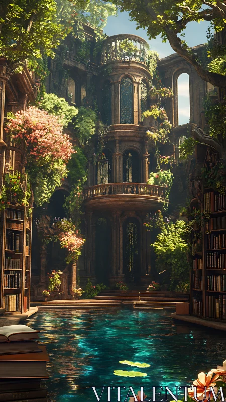 Sunlit overgrown library courtyard surrounds reflective pool