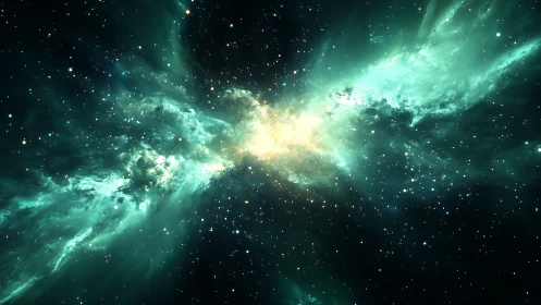 Glowing teal nebula opening like wings across deep space.