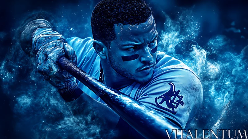 Intense baseball batter in electric blue energy storm portrait.
