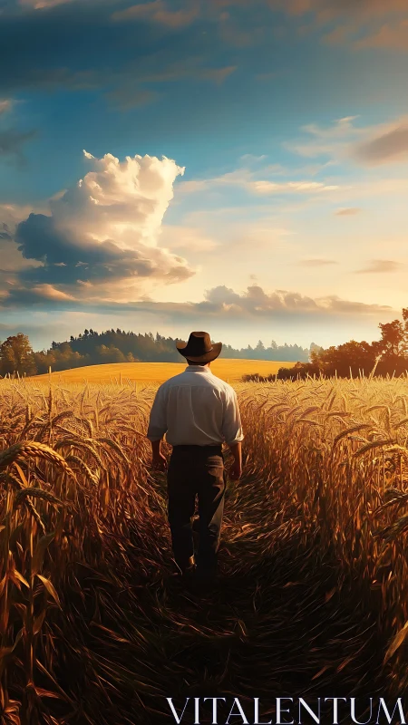 Solitary dreamer strolls a wheat corridor toward painted sky