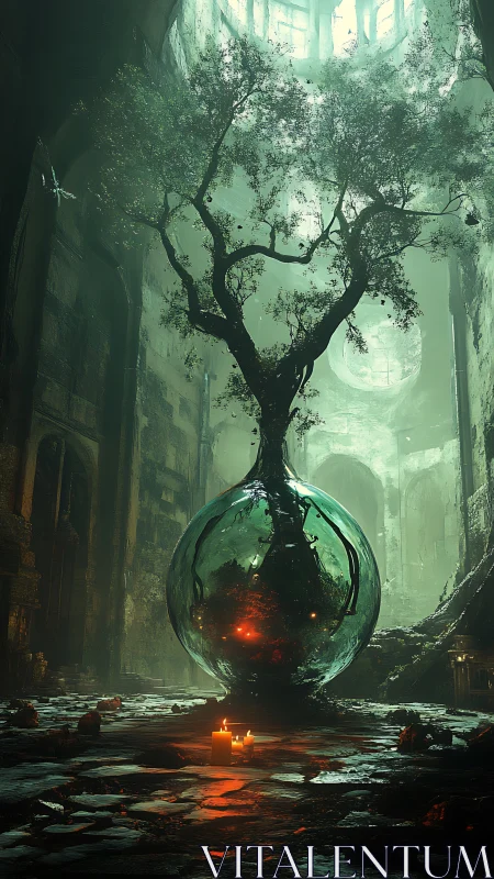 Ancient glass sphere nurtures luminous tree in ruined hall.
