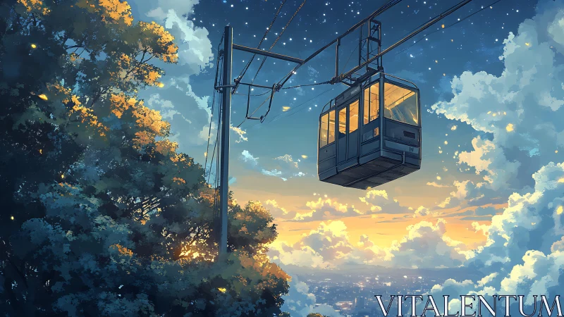 Twilight cable car drifting above glowing city clouds.