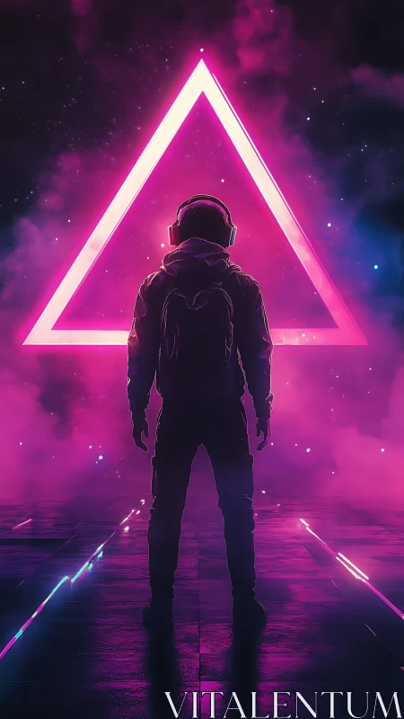 Neon-trimmed astronaut facing luminous triangular portal.