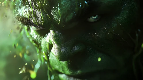 Green raging titan close-up in cinematic 3D render.