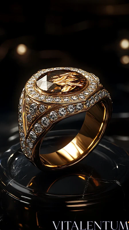 Gold signet ring with oval gemstone and pavé diamonds.