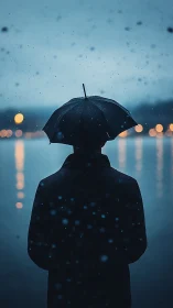 Gentle rain surrounds a lone figure standing quietly by water