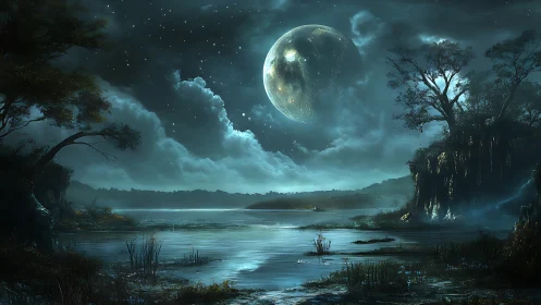 Luminous lunar lake under ethereal stormlit night sky.