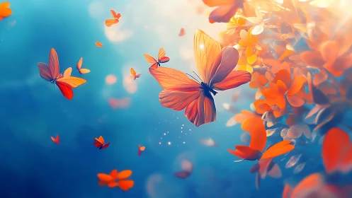Gentle orange butterflies drifting through soft blue light.