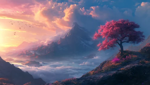 Mountain valley landscape with pink tree at sunrise.