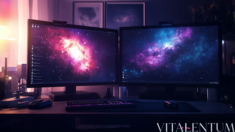 Dual widescreen monitors show bright galaxy space scenes