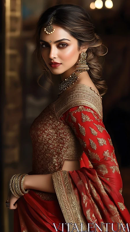 Regal bridal portrait in ornate red and gold sari attire.