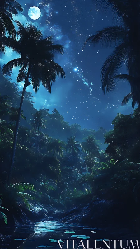 Moonlit tropical ravine renders layered foliage under starfield