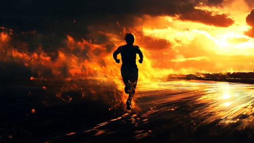 Silhouette runner cuts through blazing abstract sunset trail.