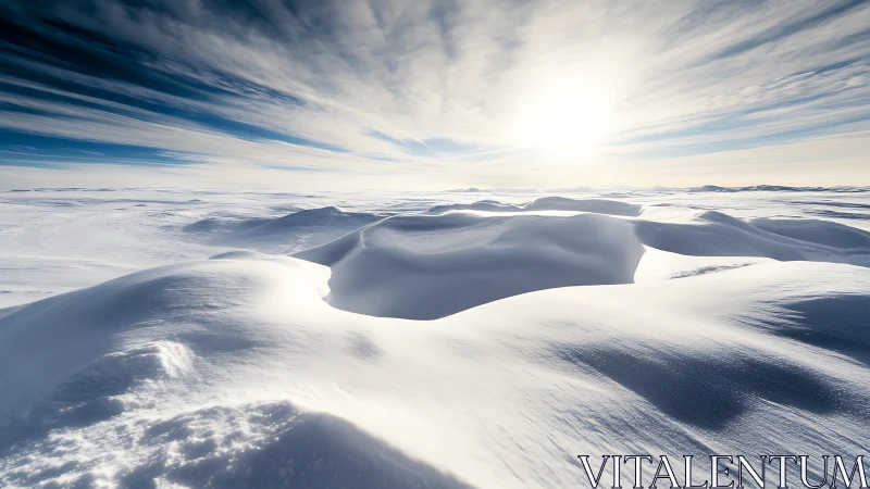 Soft winter sun drifts over quiet rolling snow dunes