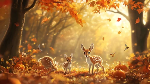 Fawn trio in luminous autumn forest with pumpkins and leaves.