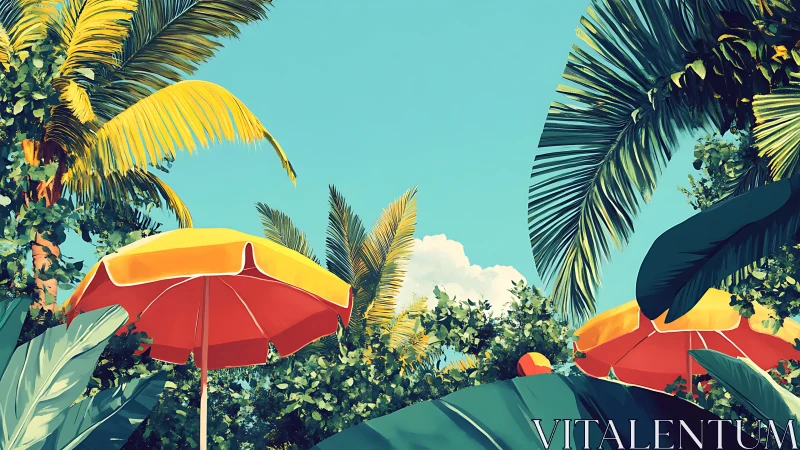 Chromatic tropical canopy with geometric sunshades rendered crisply.