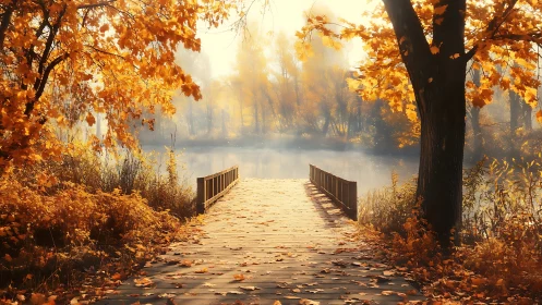 Golden autumn bridge inviting a gentle lakeside wander.
