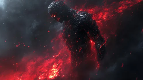 Fiery shadow figure walking through glowing embers of night.