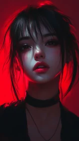 Moody digital portrait of young woman in red light glow.