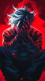 Distressed white haired figure in red and blue lighting.