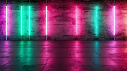 Neon-lit concrete wall with reflective tiled floor and RGB glow gradients