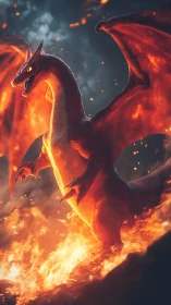 Fiery orange dragon standing in erupting flames at night.