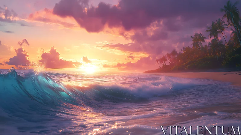 Sunset waves along tropical shoreline with palm trees.