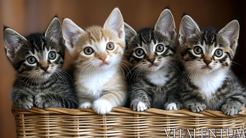 Five tabby and orange kittens display alert posture with dilated pupils in woven basket