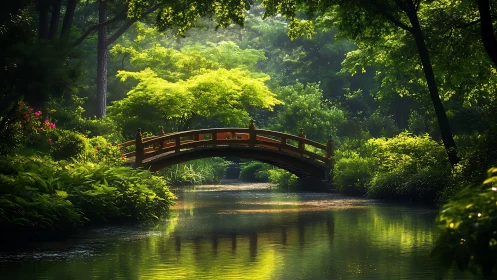 Sunlit garden bridge over calm reflective waterway.