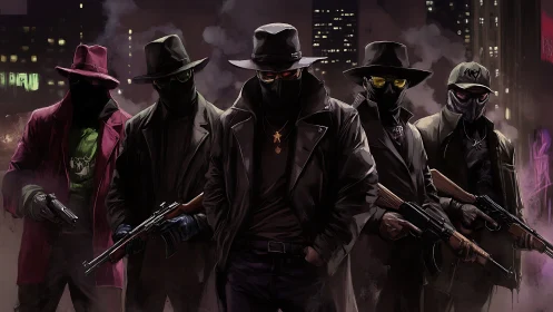 Masked armed group in dark urban night environment.