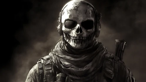 Skull-masked tactical operator emerges from dark smoke.