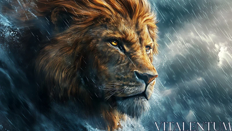 Lion profile rendered in storm with dynamic rain streaks